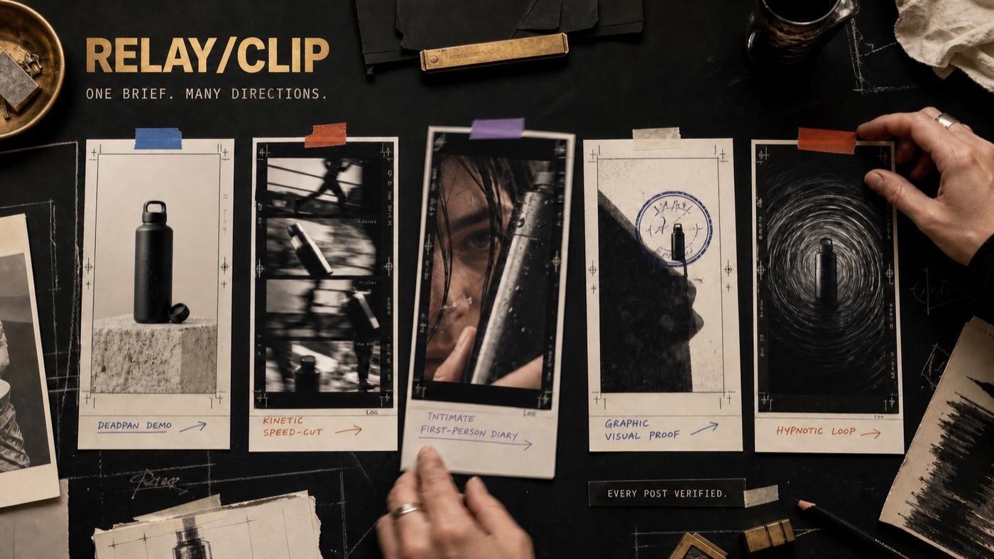 Conceptual RelayClip treatment board exploring five creative directions for the same fictional product brief